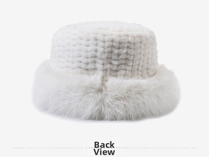 Rear view detail of white faux fur winter bucket hat with textured plaid plush crown
