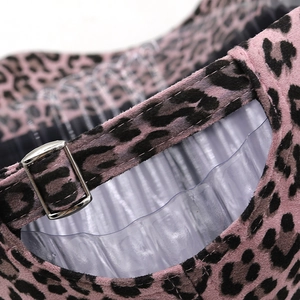 Detail of pink leopard suede baseball cap with silver metal buckle and adjustable strap