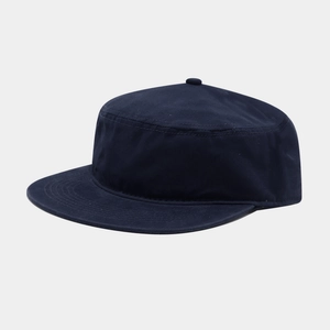 Detailed side view of a navy blue twill cotton flat top military style cap
