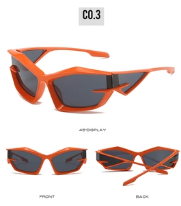 Three-angle view of bright orange futuristic cat-eye sunglasses with grey lenses