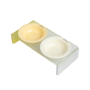 Ergonomic tilted acrylic cat bowl stand with two ceramic bowls for neck protection