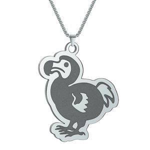 Detailed close-up of a silver stainless steel dodo bird pendant on a box chain