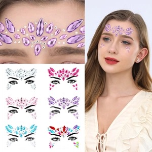 Detailed view of colorful facial rhinestone stickers with six unique party makeup designs