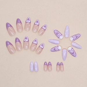 Almond shape purple heart nails with star patterns and lavender gradient finish