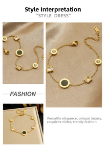 Close-up of gold-plated bracelet with Roman numeral discs and square crystals on silk