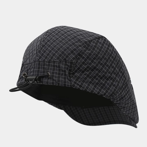 British style black and white plaid ivy cap with adjustable elastic drawstring