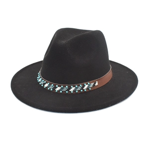 Chapeau fedora en feutre noir pour hommes et femmes avec un ruban en cuir à perles bohèmes