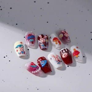 Handmade 3D relief press-on nail kit featuring cartoon rabbits and heart accents