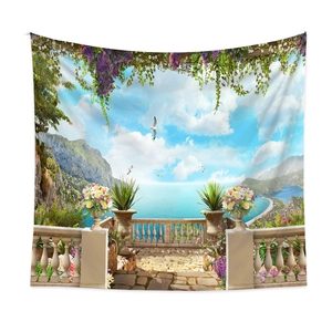 Detail showing Mediterranean sea view tapestry with blue sky terrace and flowers
