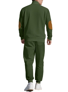 Men's waffle knit tracksuit in dark green with brown suede elbow patches on back view
