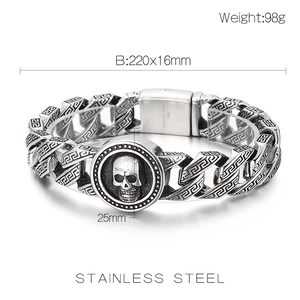 Detailed view of heavy stainless steel skull bracelet with dimensions and weight specs