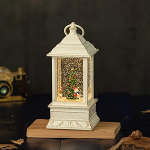 Vintage white Christmas snow globe lantern with Santa, snowman and lighted holiday tree