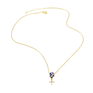Gouden vliegtuig hanger ketting met blauwe emaille ster kralen en zirkoon details