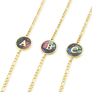 18k gold plated figaro chain bracelet with round abalone shell and alphabet charm