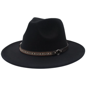Close-up of black wool fedora with ethnic geometric band and silver metal ring