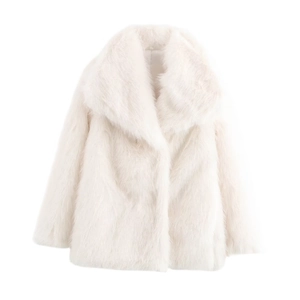 Detailed view of white faux fur texture and wide lapel design on this cropped coat