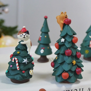 Cute resin Christmas tree miniatures with cats and squirrels for festive holiday home decor