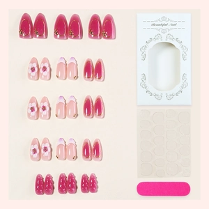 3D floral pink gradient press-on nails set with gold wire and mini pearl accents