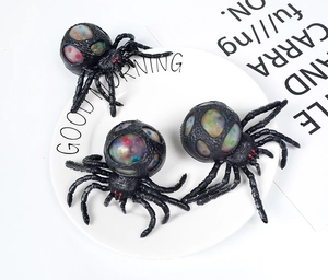 Detailed close-up of three Halloween spider fidget toys filled with colorful water beads