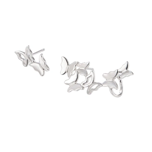 Asymmetric S925 sterling silver butterfly stud and ear crawler earring set in silver