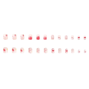 24pcs short strawberry and floral pink press-on nails with cute cartoon heart designs