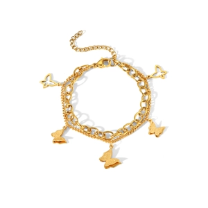 Double-layer 18k gold plated stainless steel bracelet with five butterfly pendants on white