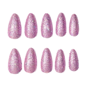 Faux ongles amande longs à paillettes rose violet avec finition scintillante dense