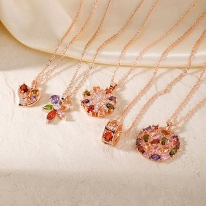 Exquisite rose gold necklaces with colorful zircon heart, butterfly and floral pendants