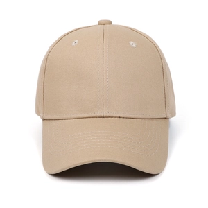 Detailed front view of khaki cotton twill six-panel baseball cap with curved brim