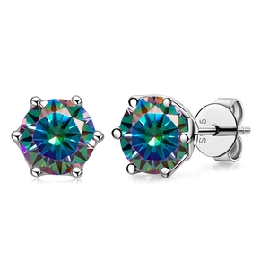 Macro shot of S925 sterling silver six-claw stud earrings with rainbow moissanite