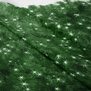 Detail of bohemian tapestry fabric with pine needles and white starlight pattern
