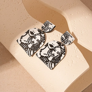 Artistic black and white portrait acrylic drop earrings with minimalist geometric design