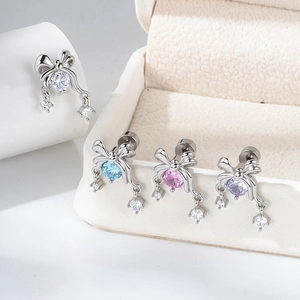 Bow pendant earrings with colorful crystals and screw back titanium steel posts
