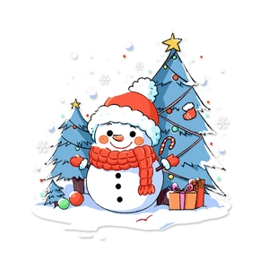 Christmas snowman window stickers with red hat and blue trees for festive glass decoration