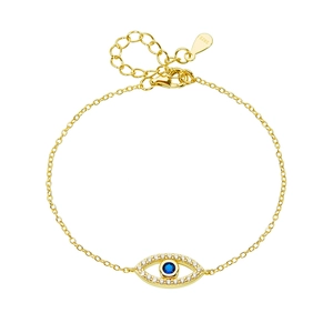 S925 sterling silver golden Evil Eye bracelet with blue zircon inlay on white background