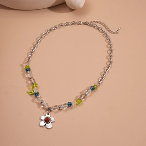 Collier bohème perles de verre avec pendentifs fleur et note de musique argenté