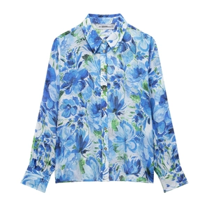 Women Floral Print Blouse Polyester Long Sleeve Button Down Lapel Collar Bohemian Vacation Loose Casual Top