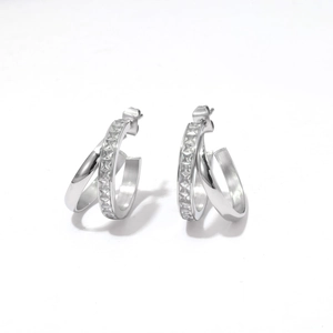 Elegant silver double-hoop earrings featuring paved square zircon stones on white background