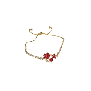 Adjustable 18k gold plated bracelet with red flower and heart stones on white background
