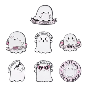 Set of 7 cartoon ghost enamel pins with sunglasses and funny quotes for Halloween fashion