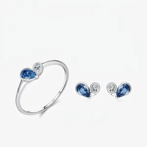 925 Sterling Silver Zirconia Heart Teardrop Jewelry Set For Women Fresh Korean Style Pink Blue Stone Ring And Stud Earrings Fashion Gift