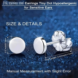 Detail view of silver stainless steel dot earrings with precise size measurement markings