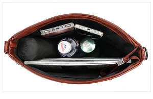 Top view of brown PU leather tote bag showing large interior capacity and storage
