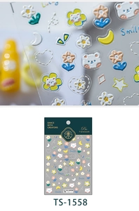 Primer plano de pegatinas 3D para uñas con relieve de ositos y flores coloridas TS-1558
