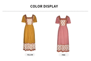 Detail view of yellow and pink floral print dresses showing color options and fabric texture