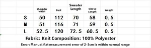 Size chart for casual knitted kimono cardigan sweater in S, M, L with detailed measurements