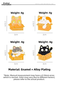 Detailed size and weight specs for enamel cat badges in cardboard boxes designs