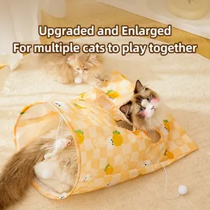 Extra large yellow checkerboard cat tunnel with hanging plush balls for multiple cats playing
