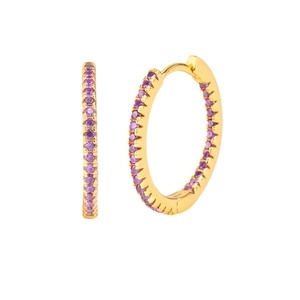 Elegant gold-plated hoop earrings with micro-paved purple cubic zirconia gemstones