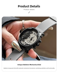 Close-up of industrial multi-dial watch with black matte case and silicone strap